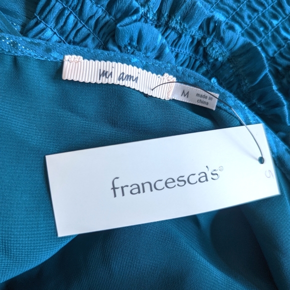 FRANCESCA'S COLLECTIONS Lauren Smocked Open Back Teal Blouse Size Medium - Picture 12 of 13